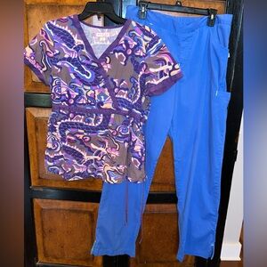Women's Printed Wrap Scrub Top with Royal Blue Scrub Pants